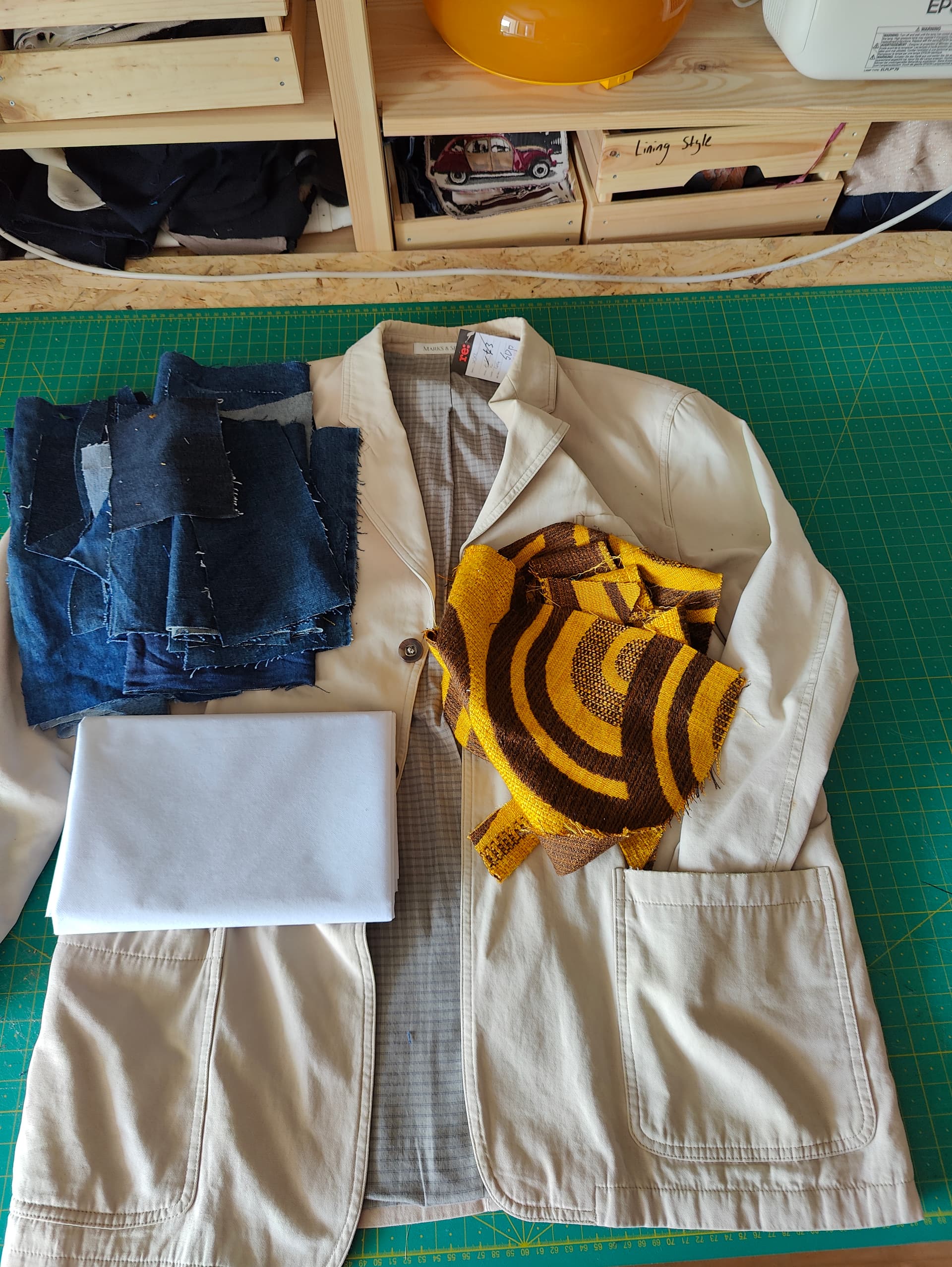 Flat lay of materials for pop art applique utility vest