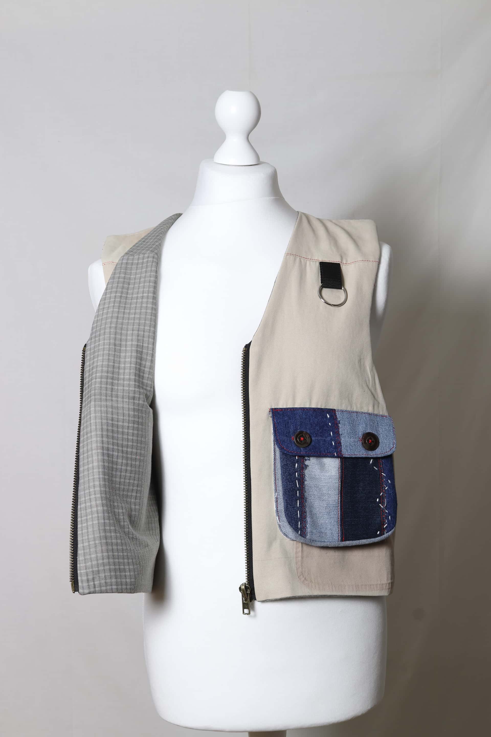 Patchwork utility vest made from reclaimed fabric